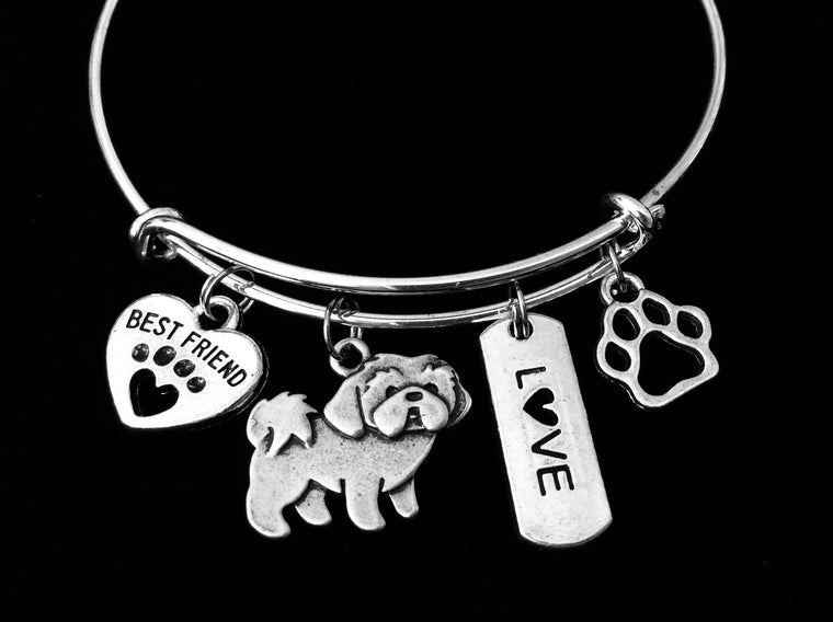 Shih Tzu Dog Expandable Charm Bracelet Silver Adjustable Wire Bangle Gift Best Friend Paw Print Pet Animal Lover Jewelry Gift