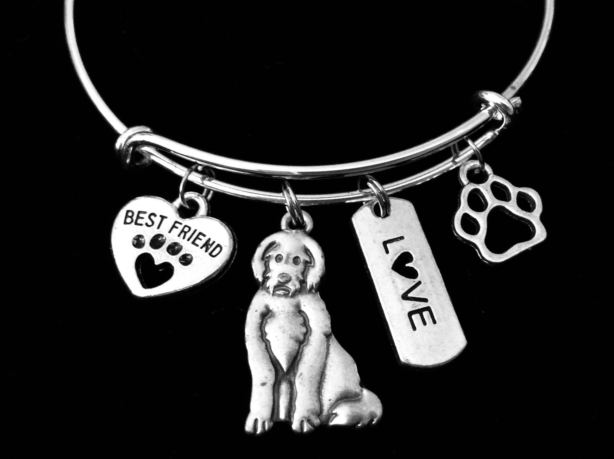Labradoodle Dog Expandable Charm Bracelet Silver Adjustable Wire Bangle Gift Best Friend Paw Print Pet Animal Lover Jewelry Gift