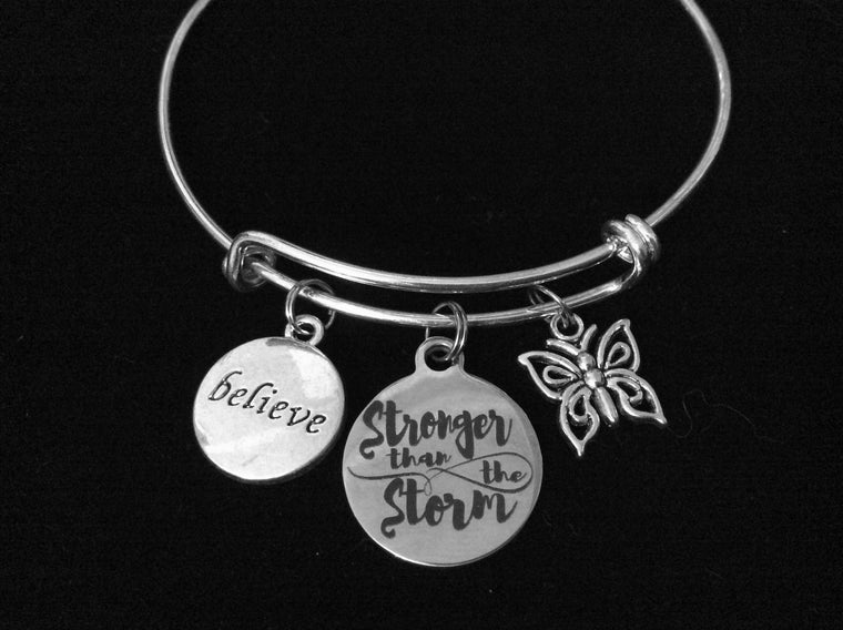 Believe Stronger Than the Storm Adjustable Bracelet Silver Expandable Charm Bracelet Bangle Butterfly Inspirational Gift