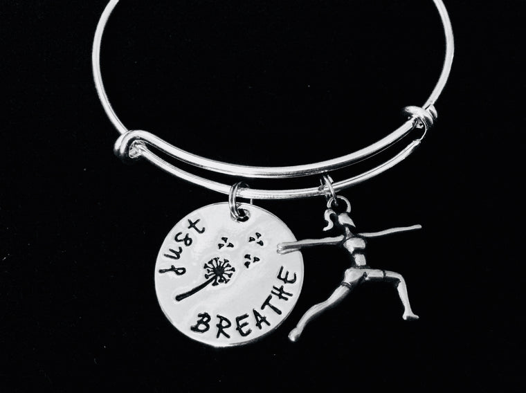 Warrior Pose Yoga Girl Just Breathe Adjustable Bracelet Expandable Silver Charm Bangle Yogi Gift