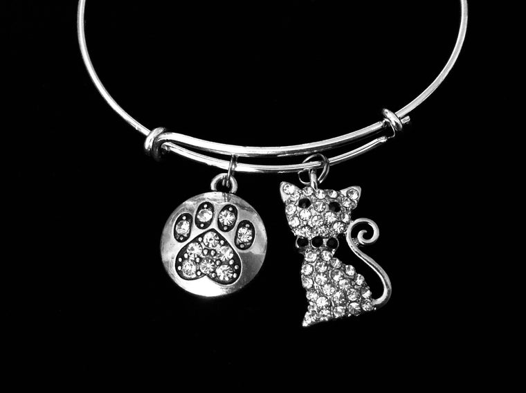 Crystal Cat Paw Adjustable Bracelet Silver Expandable Charm Bracelet Wire Bangle Gift Cat Lovers Gift