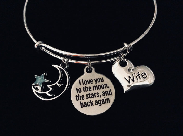 Wife I Love You to the Moon Adjustable Charm Bracelet Expandable Silver Wire Bangle Spouse Gift Trendy Stackable