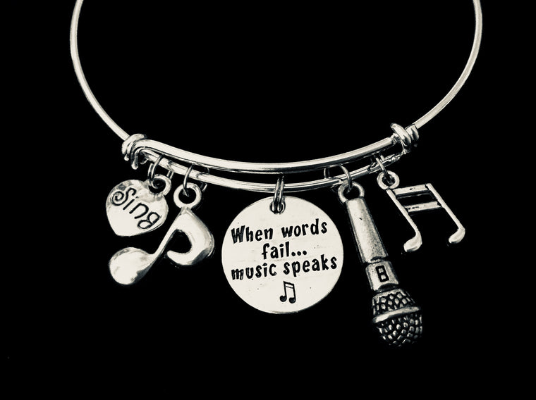 When Words Fail Singer Music Notes Microphone Adjustable Charm Bracelet Silver Expandable Wire Bangle Musician Gift
