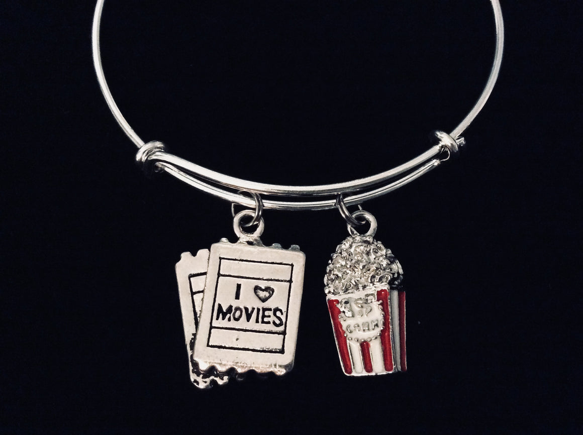 I Love Movies Popcorn Expandable Charm Bracelet Adjustable Bracelet Silver Bangle Movie Lover Gift Theater 