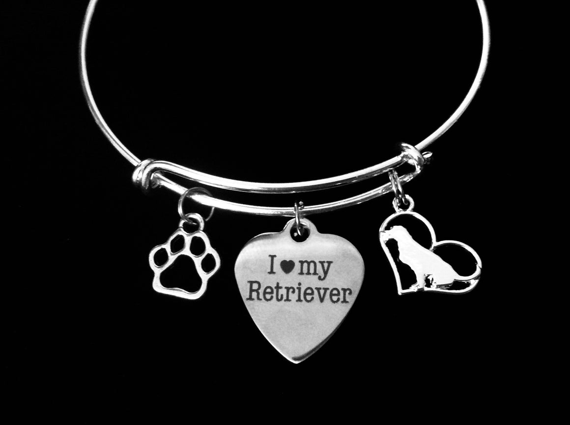 Retriever Jewelry I Love My Retriever Dog Expandable Charm Bracelet Silver Adjustable Wire Bangle Labrador Retriever Paw Print Pet Animal Lover