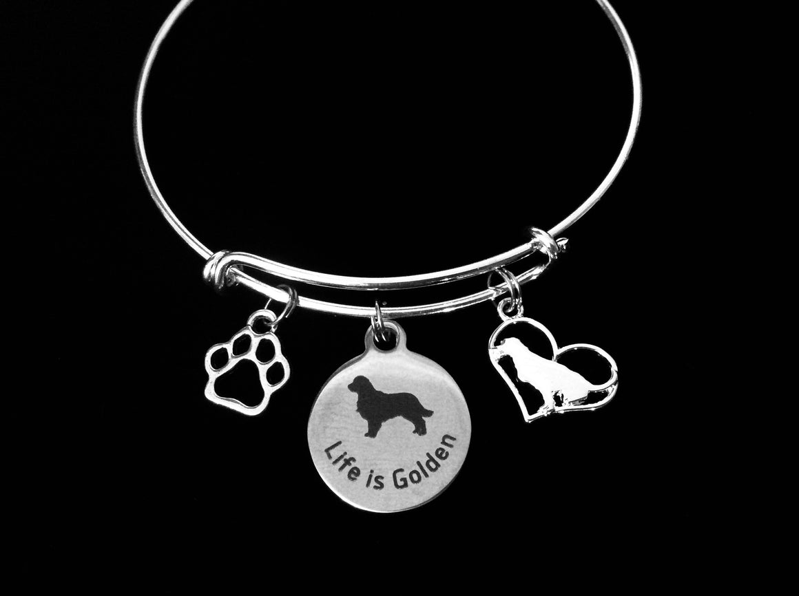Golden Retriever Jewelry Dog Expandable Charm Bracelet Silver Adjustable Wire Bangle Labrador Retriever Paw Print Pet Animal Lover