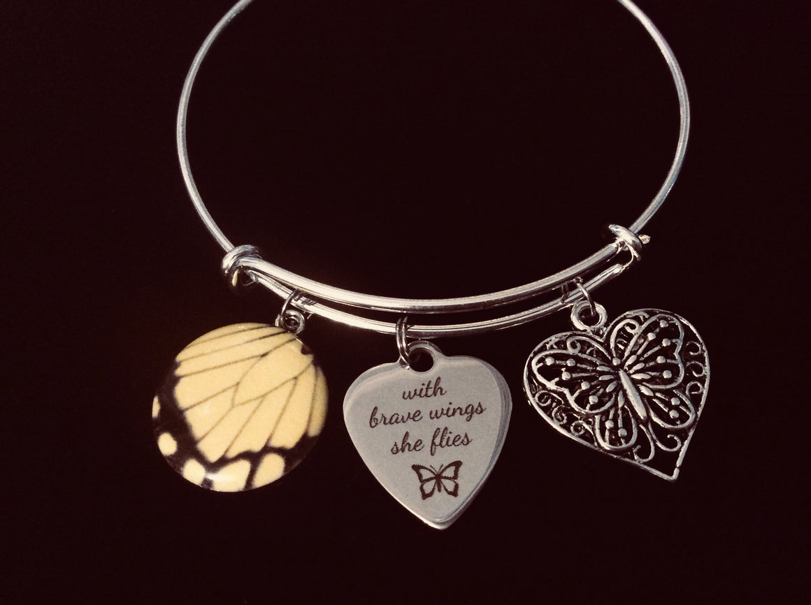Butterfly Jewelry With Brave Wings She Flies Adjustable Bracelet Expandable Silver Charm Bangle Inspirational Gift
