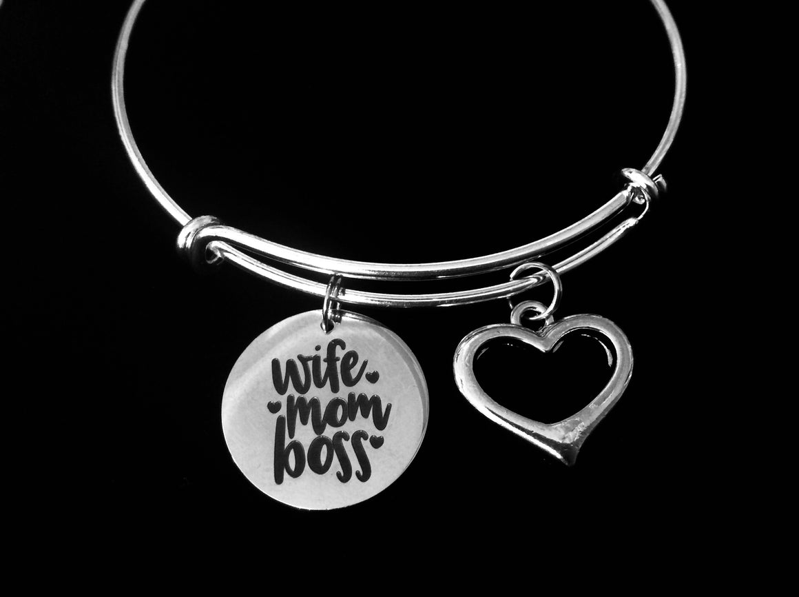 Wife Mom Boss Expandable Charm Bracelet Silver Wire Adjustable Bangle Gift Stacking Jewelry Open Heart One Size Fits All