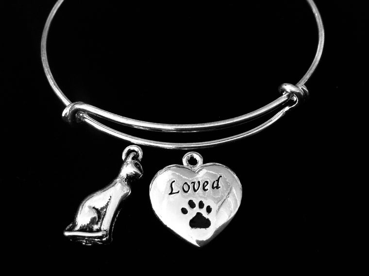 Loved Cat Jewelry Adjustable Bracelet Expandable Silver Charm Bangle Animal Lover Gift One Size Fits All Kitten Paw Print