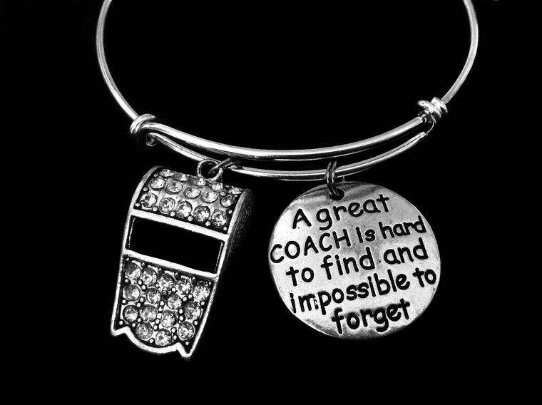 A Great Coach is Hard to Find Rhinestone Whistle Adjustable Bracelet Expandable Silver Charm  Bangle Gift