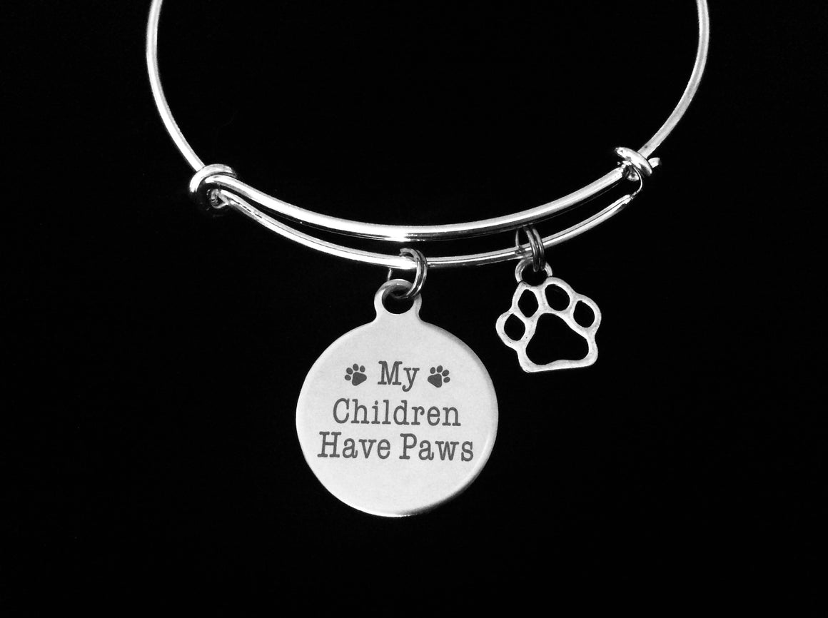 My Children Have Paws Silver Expandable Bracelet Adjustable Wire Bangle Paw Print Dog Cat Animal Lover