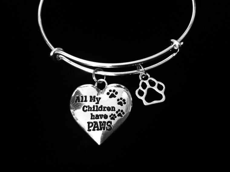 All my Children Have Paws Charm on a Silver Expandable Bracelet Adjustable Wire Dog Cat Animal Lover