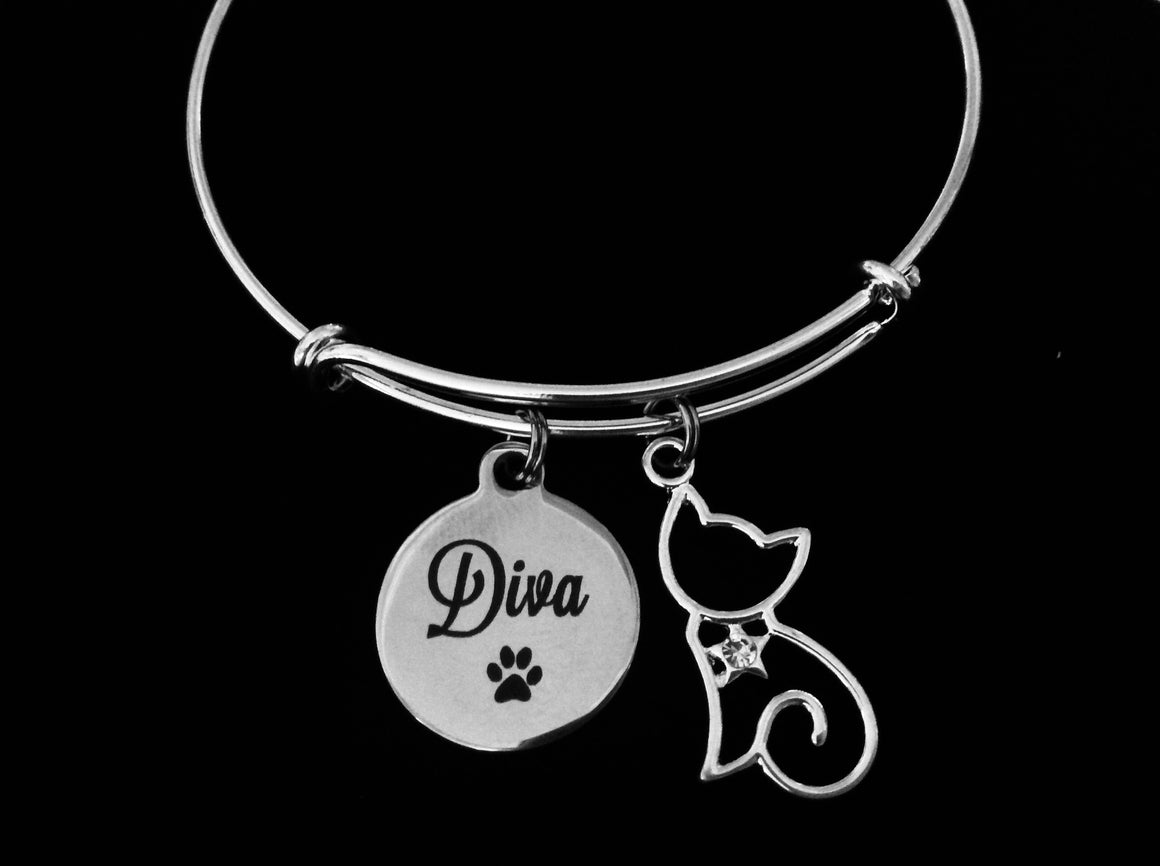 Diva Cat Jewelry Adjustable Bracelet Expandable Charm Bangle Animal Lover Gift Kitten Crystal Rhinestone One Size Fits All Paw Print