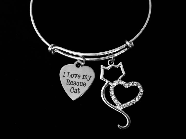 I Love My Rescue Cat Jewelry Adjustable Bracelet Expandable Charm Bangle Animal Lover Gift Kitten Crystal Rhinestone One Size Fits All