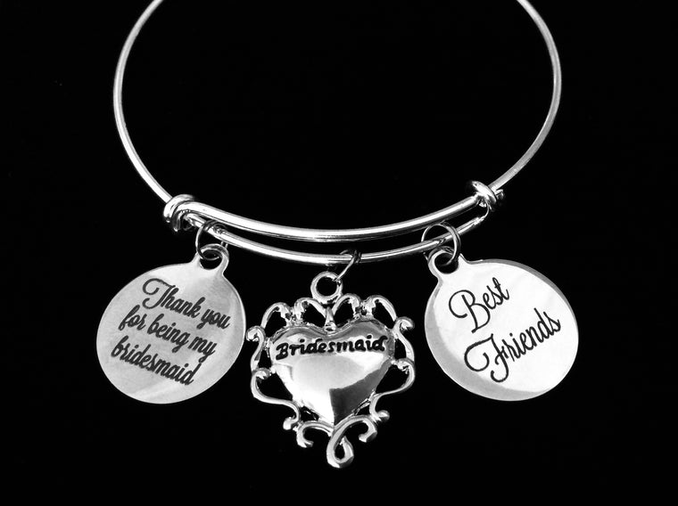 Bridesmaid Best Friends Thank you Adjustable Bracelet Expandable Silver Wire Bangle Wedding Shower Bridal Trendy Proposal One Size Fits All Gift