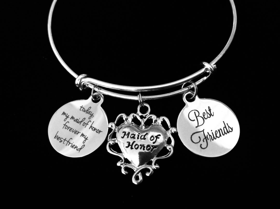 Best Friends Maid of Honor Adjustable Bracelet Expandable Silver Wire Bangle Wedding Shower Bridal Trendy Proposal One Size Fits All Gift