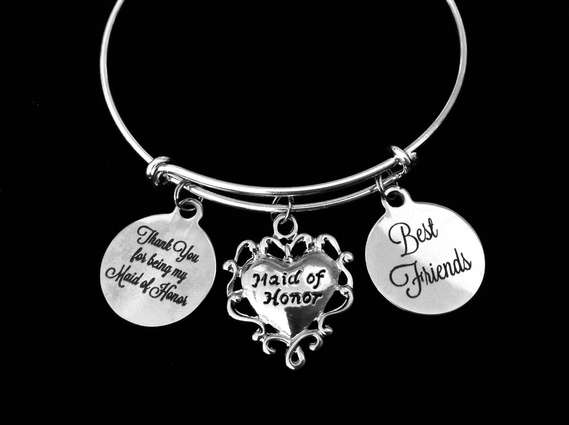 Maid of Honor Best Friends Adjustable Bracelet Expandable Silver Wire Bangle Wedding Shower Bridal Trendy Proposal One Size Fits All Gift