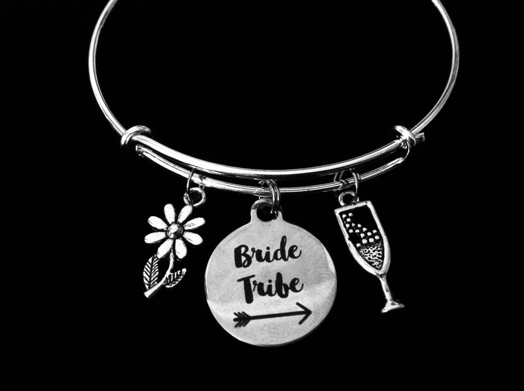 Bride Tribe Jewelry Expandable Charm Bracelet Adjustable Wire Bangle Wedding Shower Bridal Trendy One Size Fits All Gift Champagne Daisy Flower
