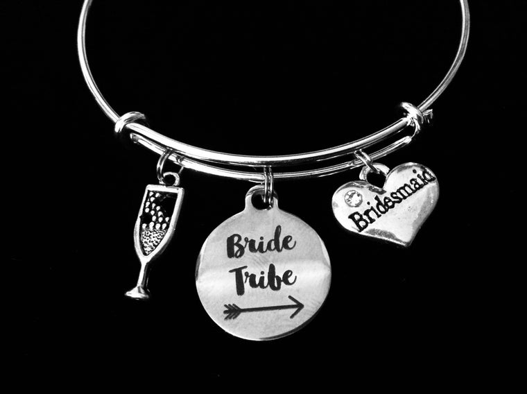 Bride Tribe Jewelry Bridesmaid Expandable Charm Bracelet Adjustable Wire Bangle Wedding Shower Bridal Trendy One Size Fits All Gift Champagne