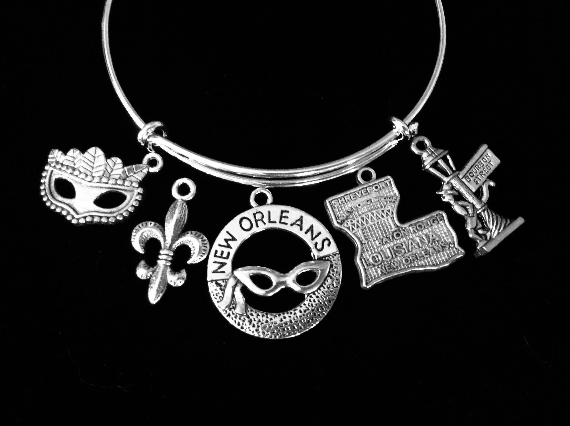 New Orleans Jewelry Louisiana Bourbon Street Fleur De Lis Adjustable Silver Charm Bracelet Expandable Wire Bangle One Size Fits All Gift Trendy Mardi Gras