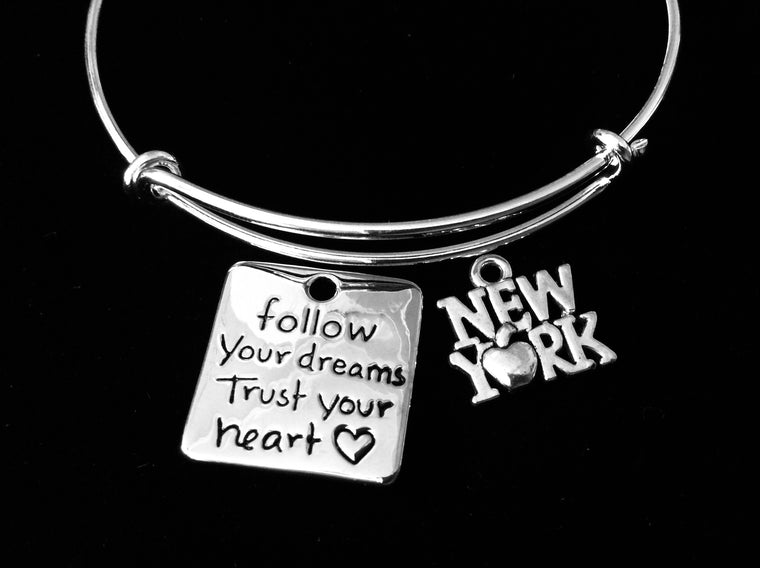 Follow Your Dreams Trust Your Heart New York Inspirational Jewelry Adjustable Silver Charm Bracelet Expandable Wire Bangle Gift Trendy One Size Fits All