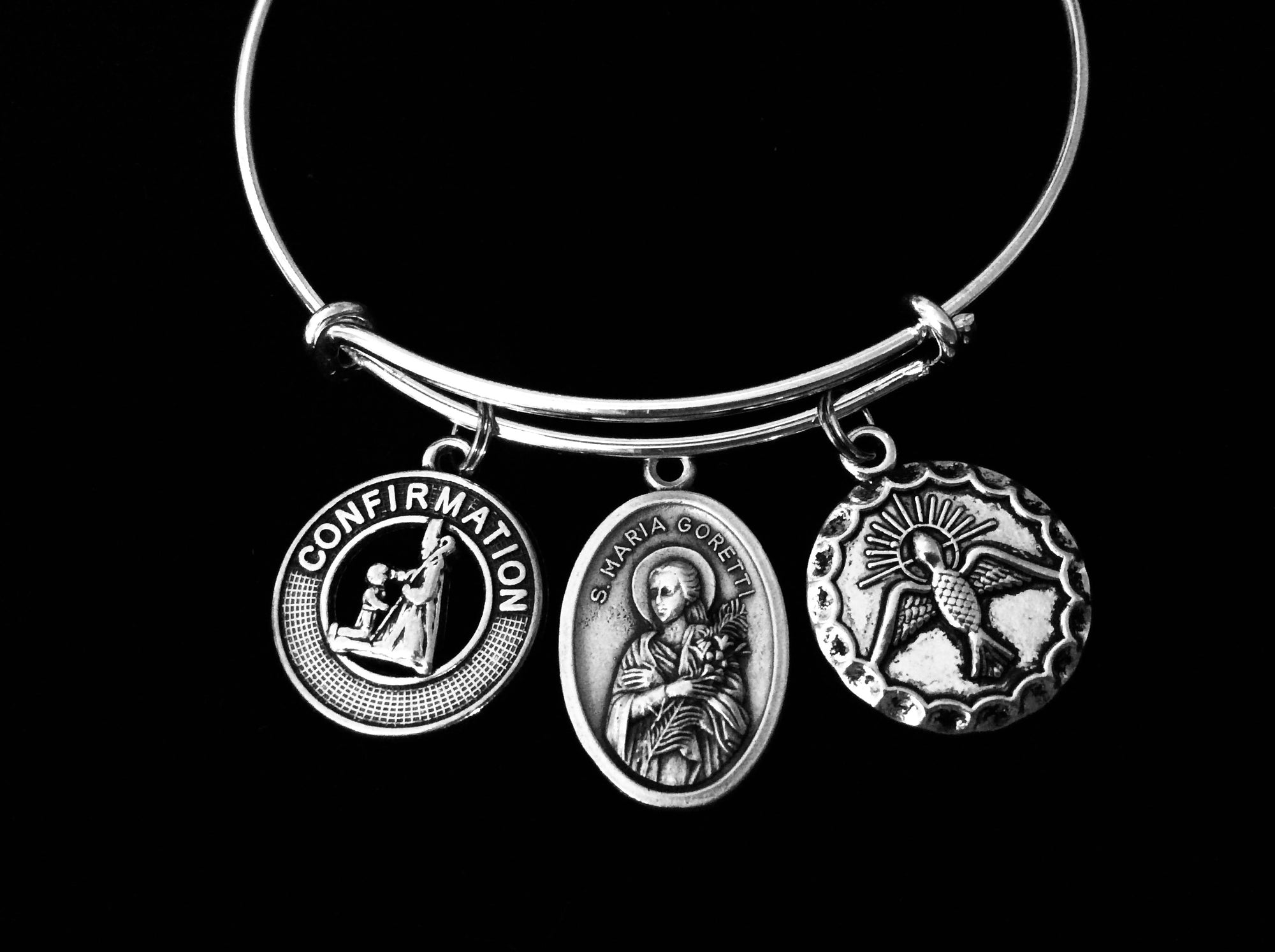 Confirmation Jewelry Saint Maria Goretti Expandable Charm Bracelet Silver Adjustable Bangle Medal Catholic Gift Dove