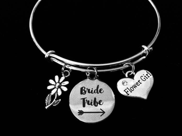 Flower Girl Jewelry Bride Tribe Expandable Charm Bracelet Silver Adjustable Wire Bangle Wedding Shower Bridal Party Gift One Size Fits All Gift Daisy Flower