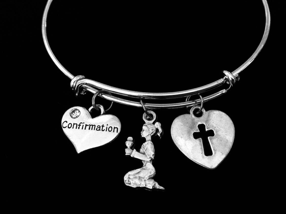 Confirmation Jewelry Praying Girl Heart Cross Expandable Charm Bracelet Inspirational Jewelry Silver Adjustable Wire Bangle