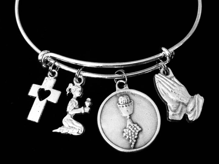 Girls Communion Jewelry Adjustable Bracelet Expandable Silver Bangle Trendy Chalice Cross Girl Praying Hands