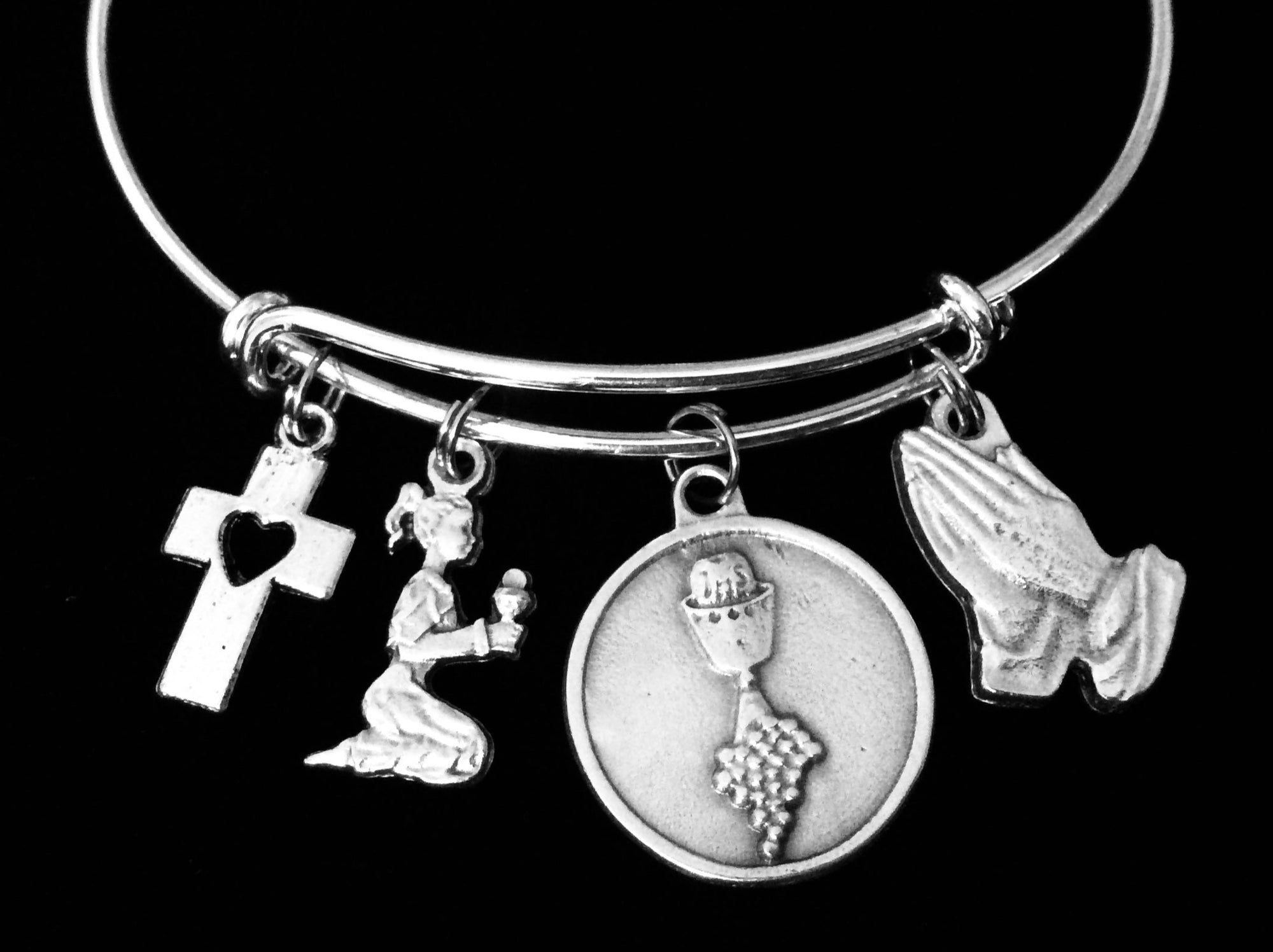 Girls Communion Jewelry Adjustable Bracelet Expandable Silver Bangle Trendy Chalice Cross Girl Praying Hands