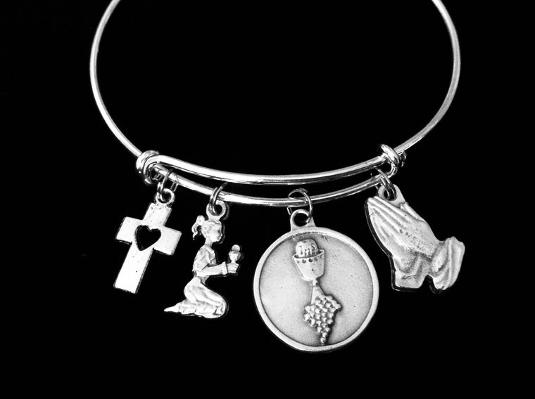 Confirmation Communion Jewelry Adjustable Bracelet Expandable Silver Bangle Trendy Chalice Cross Girl Praying Hands