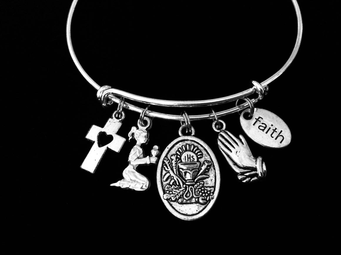 First Holy Communion Jewelry Adjustable Bracelet Expandable Silver Bangle Trendy Faith Cross Girl Praying Hands 