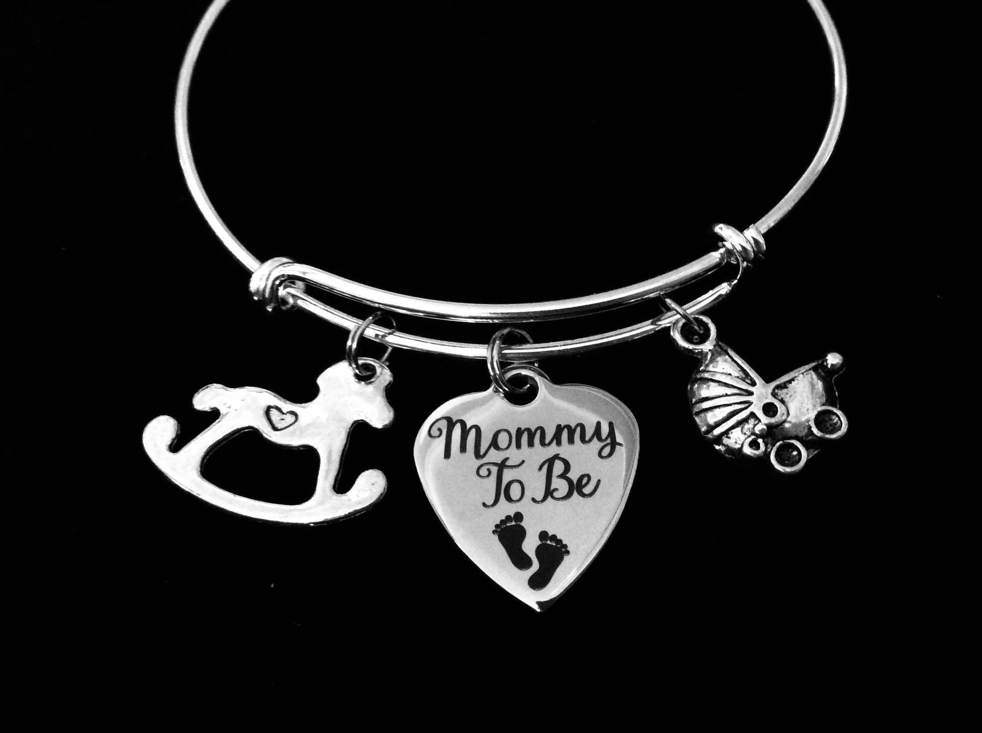 Mommy to Be Jewelry Adjustable Bracelet Expandable Charm Wire Bangle New Mom Gift Shower Rocking Horse Baby Carriage One Size Fits All
