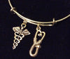 Gold Stethoscope and Caduceus Charm on an Expandable Adjustable Bangle