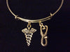 Gold Stethoscope and Caduceus Charm on an Expandable Adjustable Bangle
