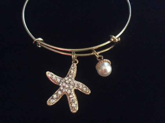 Starfish Crystal Rhinestone and Pearl Charm on a Gold Expandable Adjustable Wire Bangle 