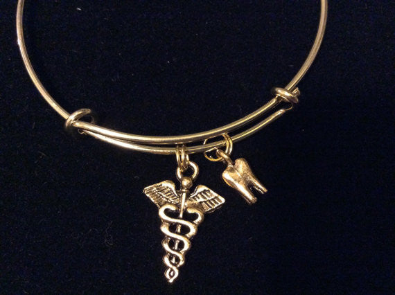 Gold Tooth and Caduceus Charm on an Expandable Adjustable Bangle