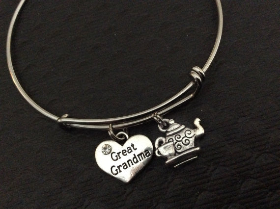 Great Grandma Charm Silver Bangle Silver Adjustable Wire Bangle