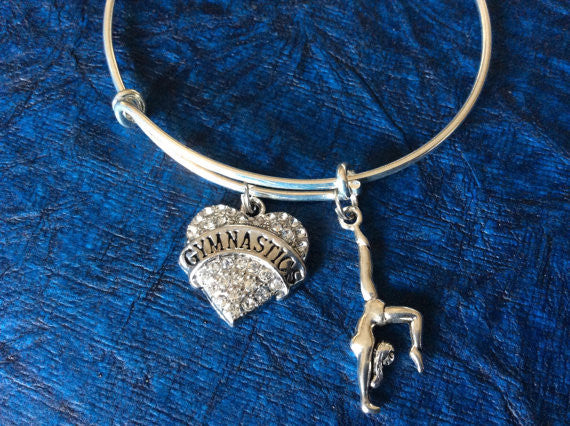 Gymnastics Crystal Heart Charm on Expandable Adjustable Wire Bangle