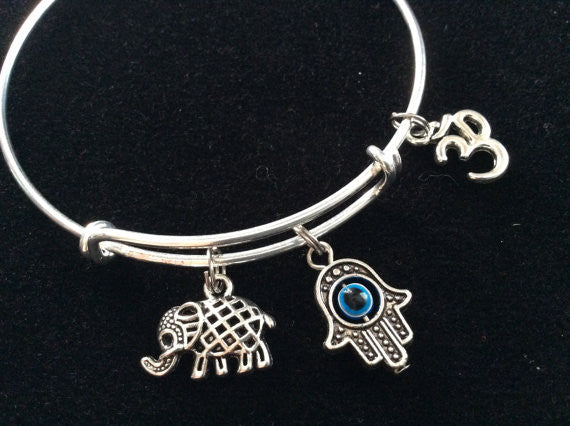 Hamsa Om and Lucky Elephant on a Silver Adjustable Bangle