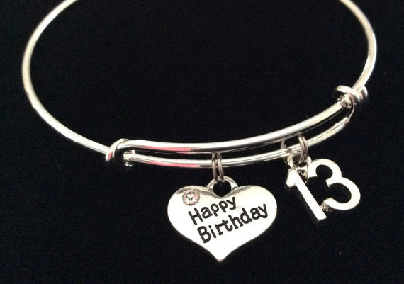 Happy 13th Birthday Expandable Charm Bracelet Adjustable Bangle Gift (Other Numbers Available)