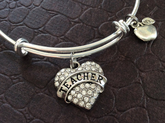 Teacher Heart Charm on a Silver Expandable Bangle Bracelet