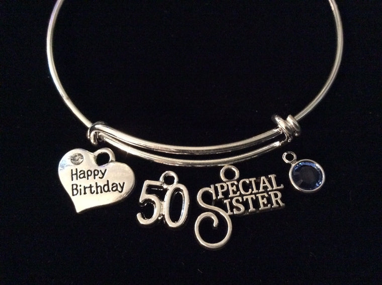 Special Sister Happy 50th Birthday Birthstone Expandable Charm Bracelet Adjustable Bangle Gift