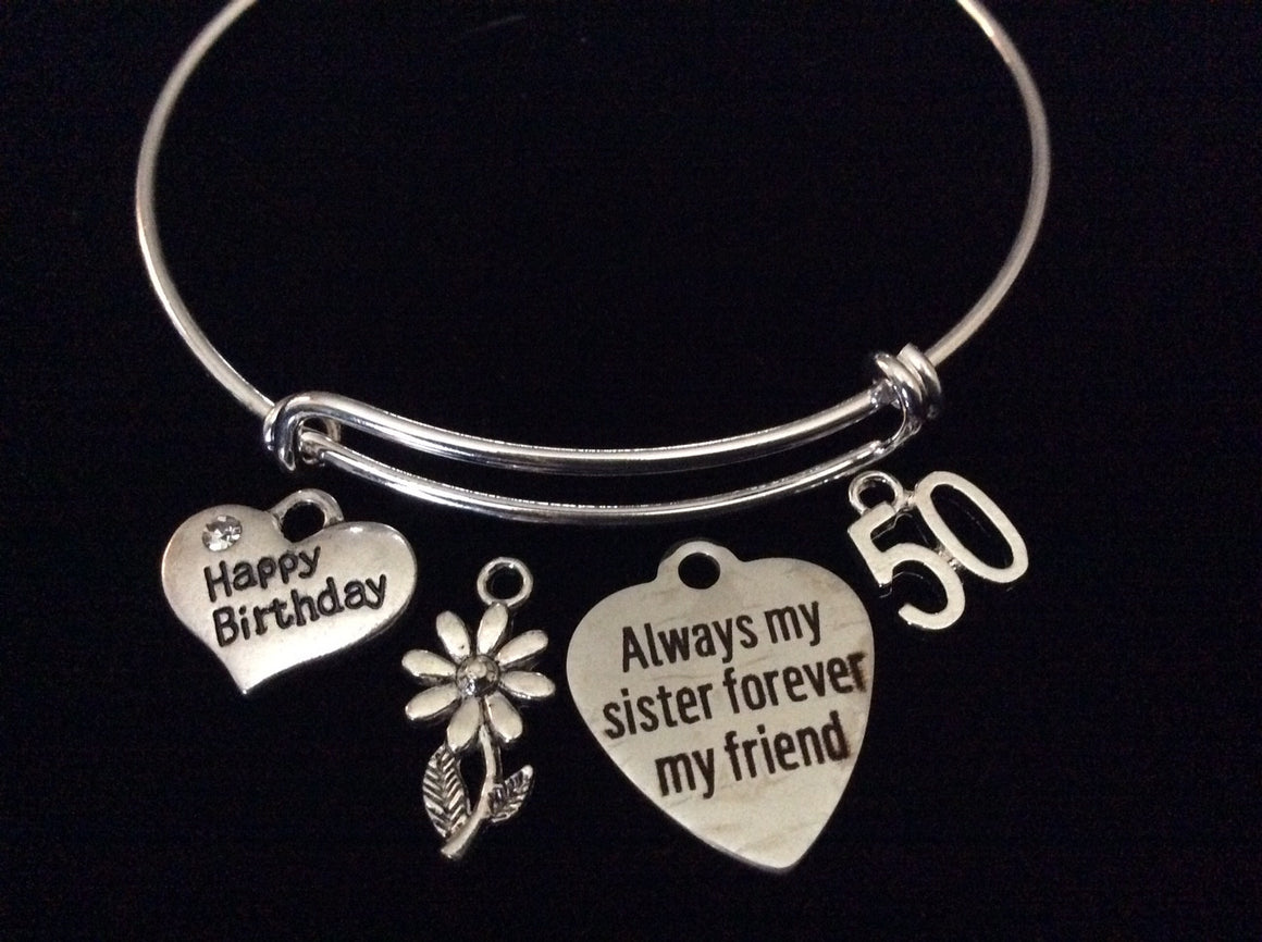 Sisters Happy 50th Birthday Expandable Silver Charm Bracelet Adjustable Bangle Gift