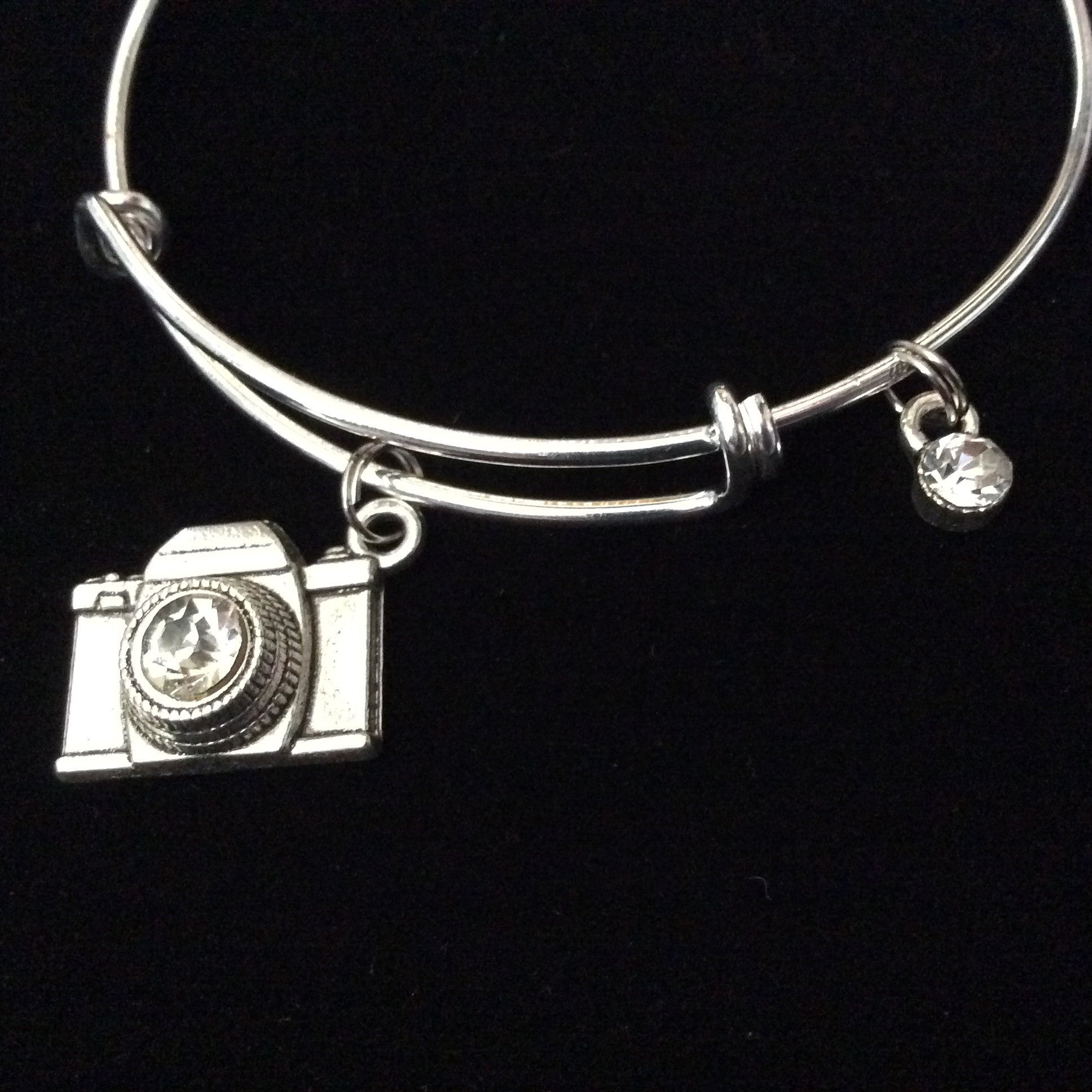 Photo Silver Camera Charm Bracelet Expandable Wire Bangle 
