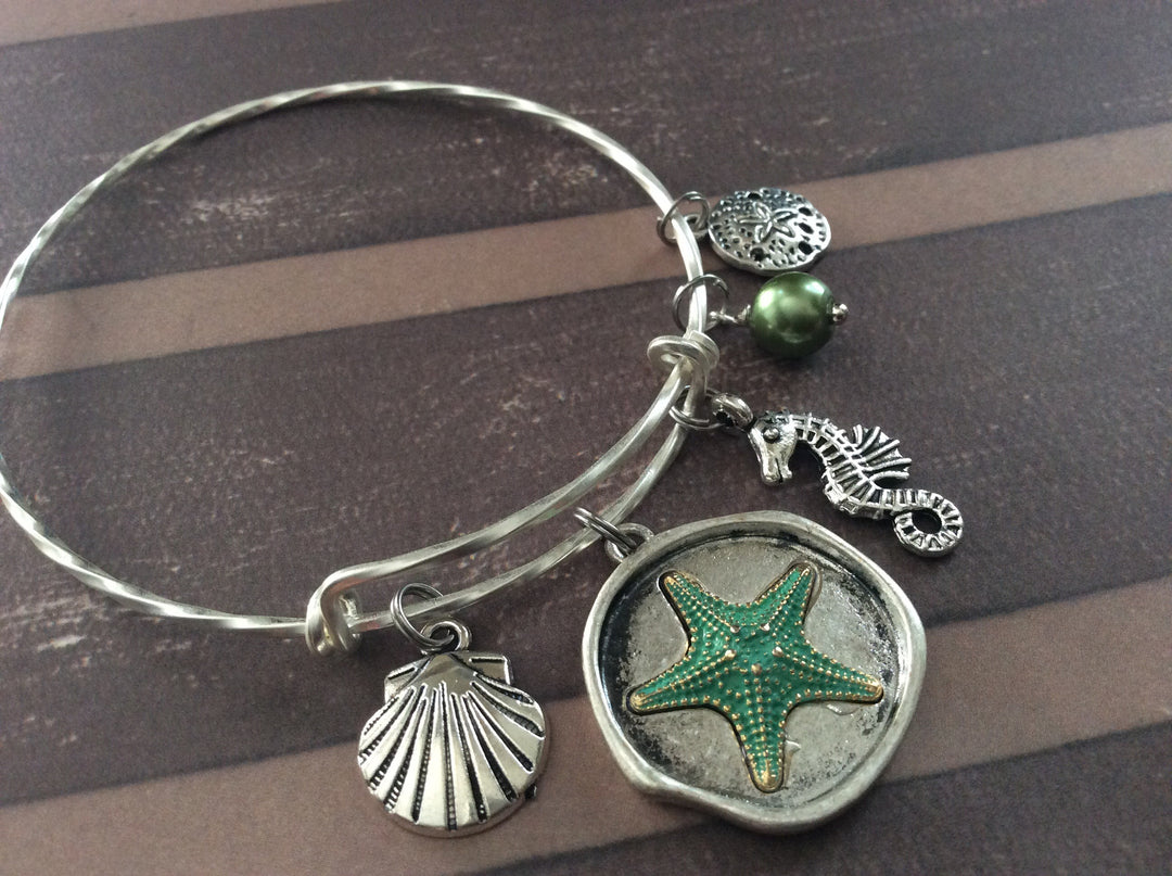 Nautical Charm Bangle Bracelet | Starfish, Seahorse, Sand Dollar &amp; Pearl