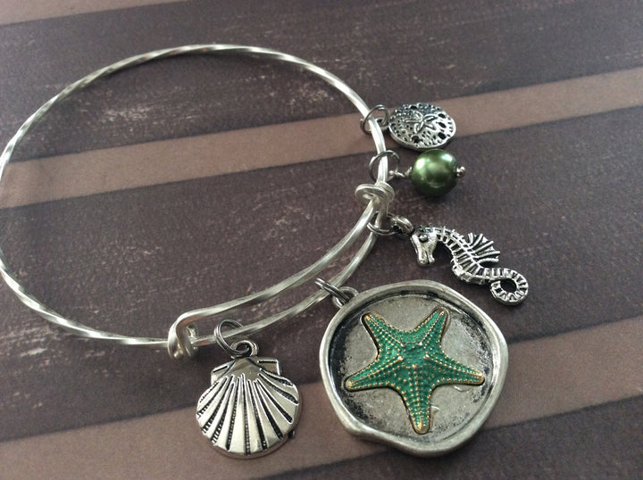 Nautical Charm Bangle Bracelet | Starfish, Seahorse, Sand Dollar &amp; Pearl