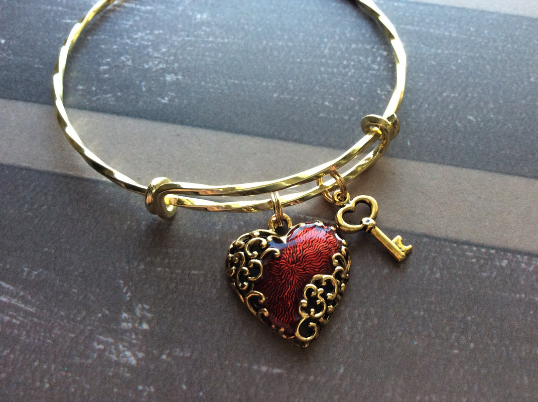 Expandable Charm Bracelet Key to My Heart Gold Filigree Vintage Heart Charm Adjustable Expandable Bangle Bracelet