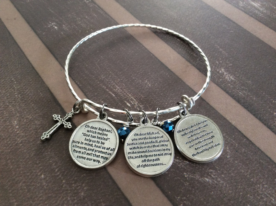3 Archangel Charms with Prayer on Back Silver Sapphire Blue Crystal and Benedictine Cross Expandable Inspirational Jewelry Adjustable Bracelet