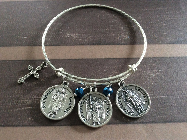 3 Archangel Charms with Prayer on Back Silver Sapphire Blue Crystal and Benedictine Cross Expandable Inspirational Jewelry Adjustable Bracelet